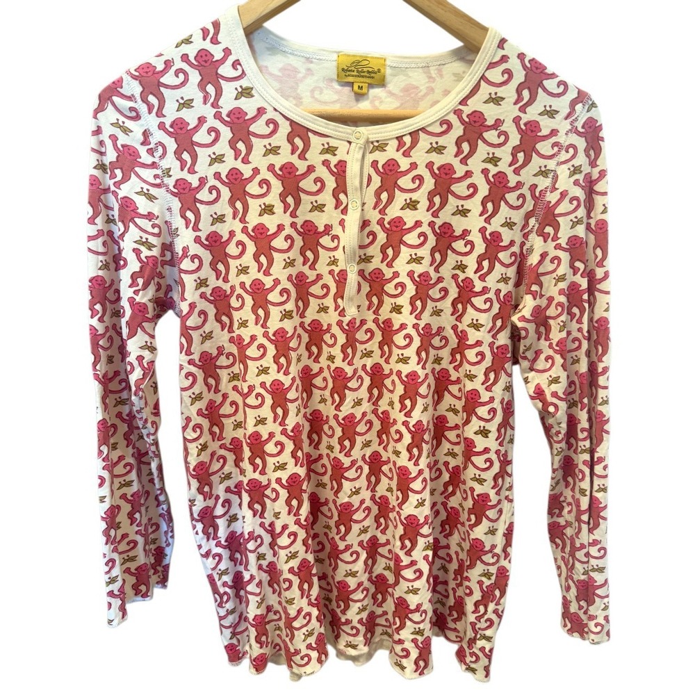 Roberta Roller Rabbit Womens Pink All Over Monkey Print Henley Pajama Top Cotton